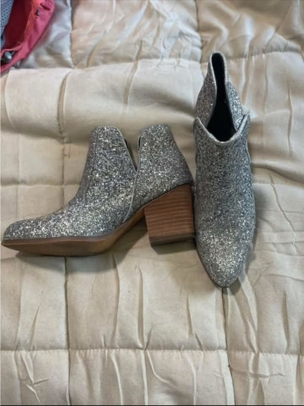 Silver Glitter Ankle Booties with Stacked Heel
